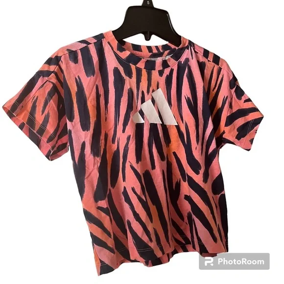 Adidas logo all over print tee zebra top. Sz small 7/8 Orange/pink/black stripes - Picture 6 of 6